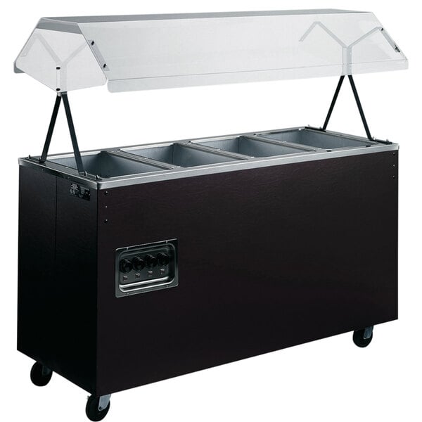 A black Vollrath 3-well portable hot food station with a solid base.