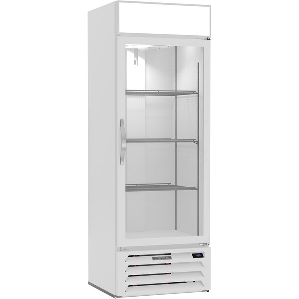 A white Beverage-Air marketmax freezer with glass doors and shelves.