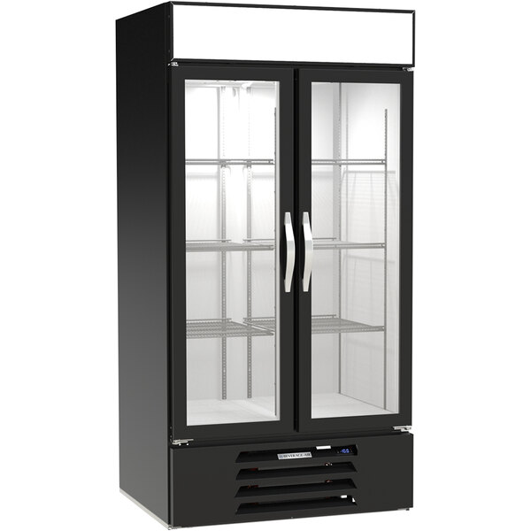 A black Beverage-Air glass door merchandising freezer.