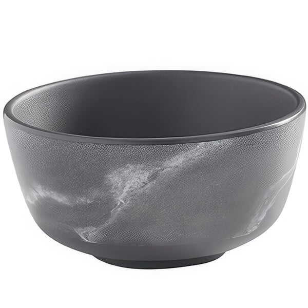 An American Metalcraft grey marble melamine bouillon cup with a black and white marble design and a grey rim.
