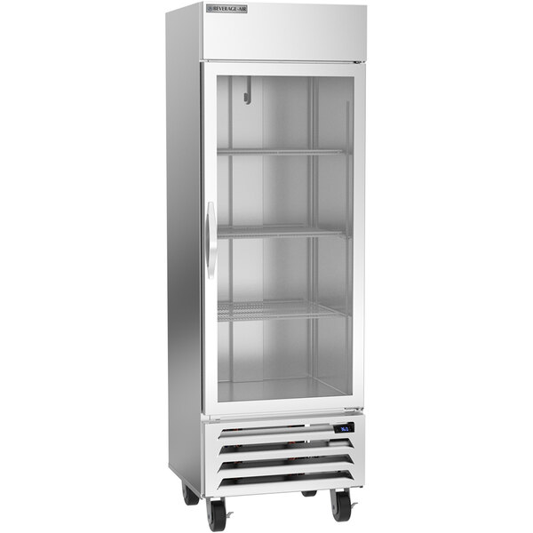 A silver Beverage-Air reach-in refrigerator with a glass door.