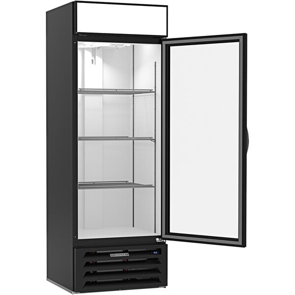 A black Beverage-Air MarketMax merchandising freezer with a glass door.
