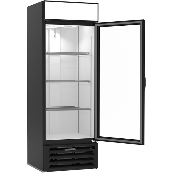 A black Beverage-Air market refrigeration with a glass door.