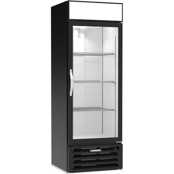 A black Beverage-Air market refrigerator with glass doors.