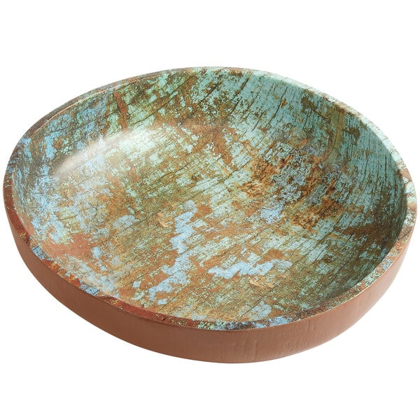 An American Metalcraft faux reclaimed wood melamine serving bowl with a blue and brown surface.