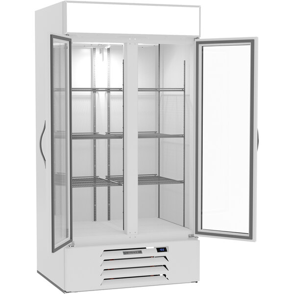 a white cabinet with glass doors