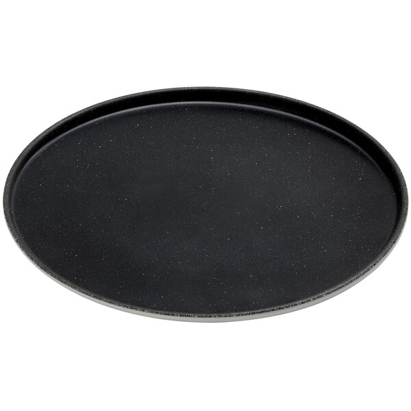 An American Metalcraft speckled black and white melamine plate with a black rim.