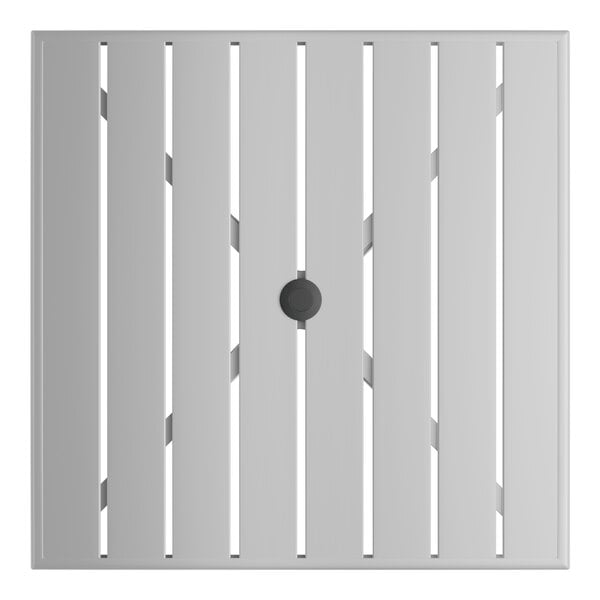 A square silver powder-coated aluminum outdoor dining table with an umbrella hole in the center.