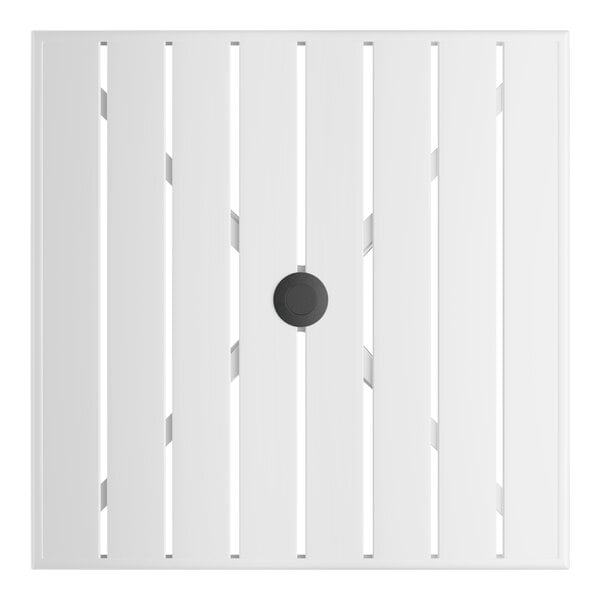 A square white powder-coated aluminum outdoor bar height table with an umbrella hole in the center.
