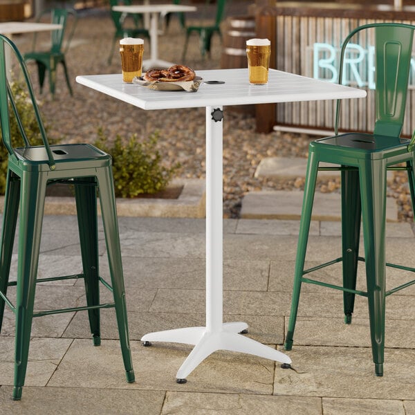 Lancaster Table & Seating 32" x 32" White Powder-Coated Aluminum Bar Height Outdoor Table with Umbrella Hole
