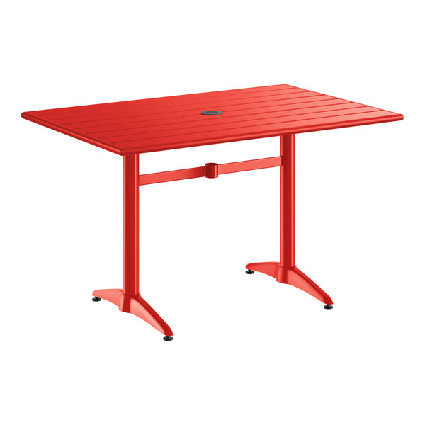 Lancaster Table & Seating 32" x 48" Red Powder-Coated Aluminum Dining Height Outdoor Table with Umbrella Hole