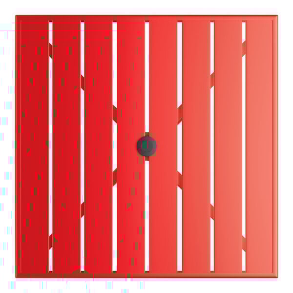 A square red powder-coated aluminum outdoor dining table with slatted top and an umbrella hole in the center.