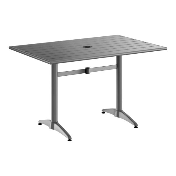 A rectangular gray powder-coated aluminum outdoor dining table with an umbrella hole in the center.