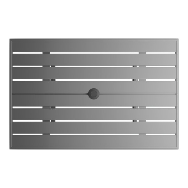 A rectangular gray powder-coated aluminum outdoor dining table with slatted design and an umbrella hole in the center.