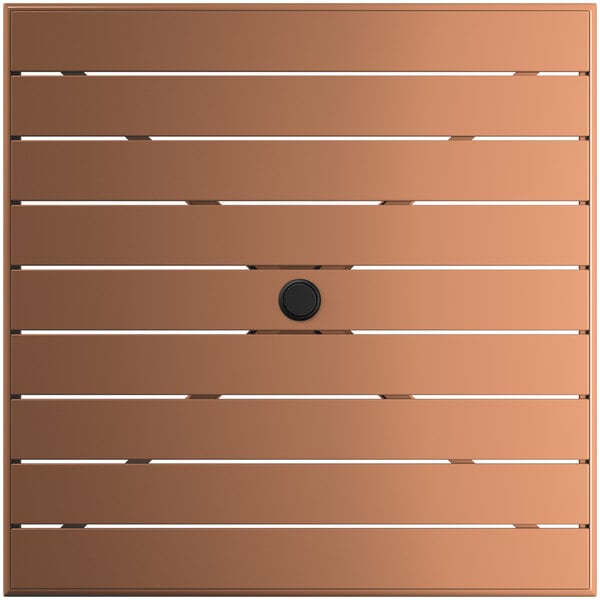 A square brown metal table with a black circle in the middle.