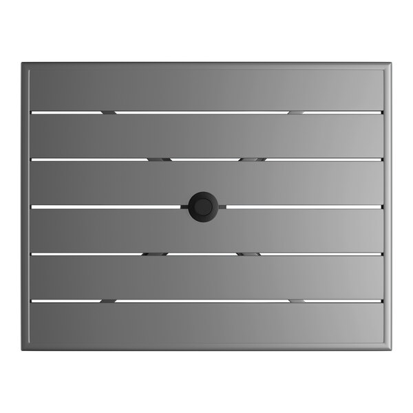 A rectangular gray powder-coated aluminum outdoor dining table with an umbrella hole in the center.