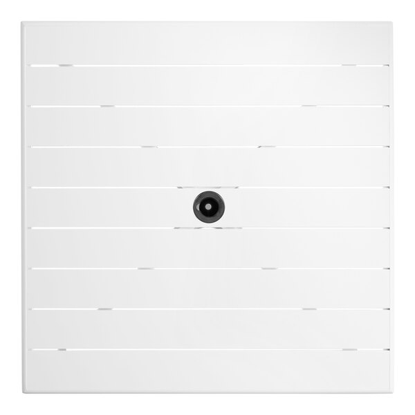 A white square Lancaster Table & Seating table top with a black umbrella hole.