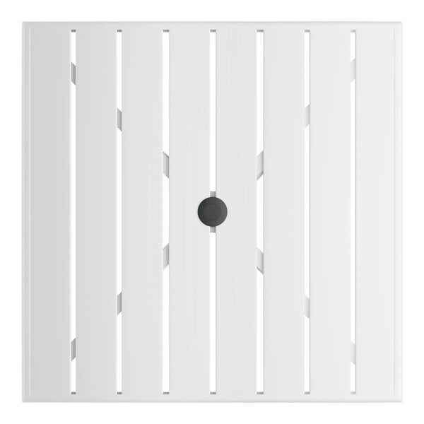 A square white powder-coated aluminum outdoor dining table with slatted top and an umbrella hole in the center.