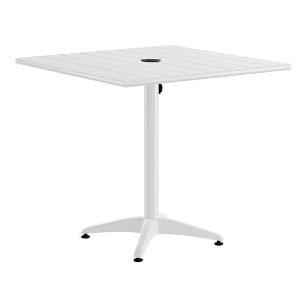 Lancaster Table & Seating 32" x 32" White Powder-Coated Aluminum Dining Height Outdoor Table with Umbrella Hole