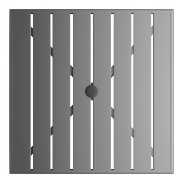 A square gray powder-coated aluminum outdoor dining table with slatted top and an umbrella hole in the center.