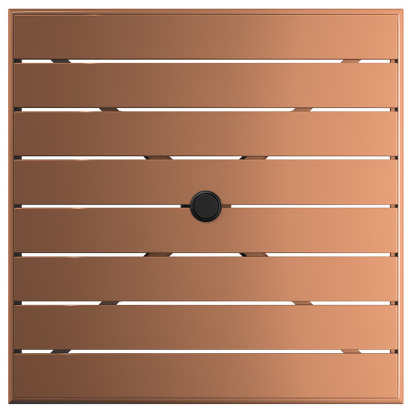 A brown square table with a black circle in the center.