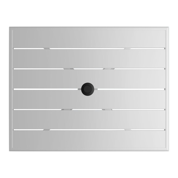 A rectangular silver powder-coated aluminum outdoor dining table with slatted top and an umbrella hole in the center.