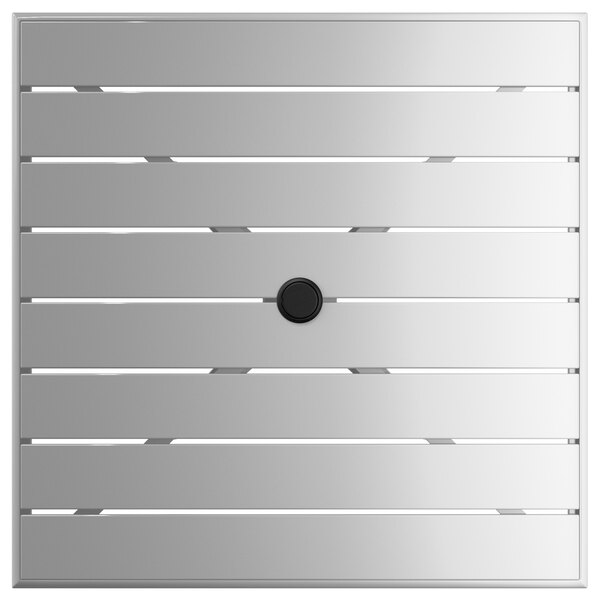 A silver powder-coated aluminum square table with a black circle.