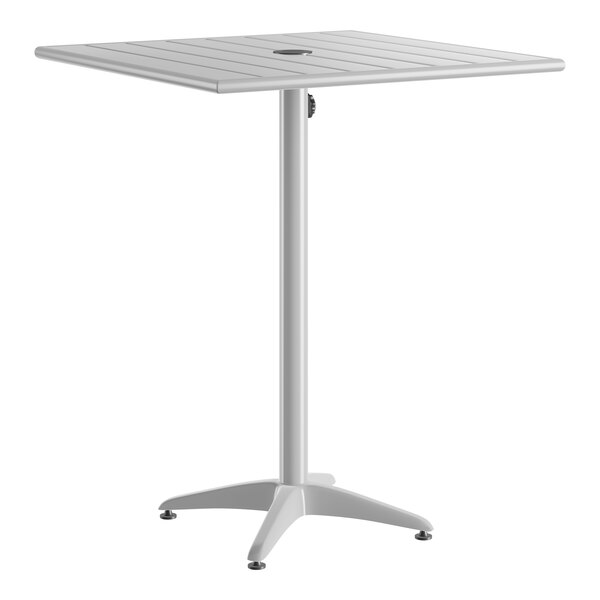 A square silver powder-coated aluminum bar height outdoor table with an umbrella hole.
