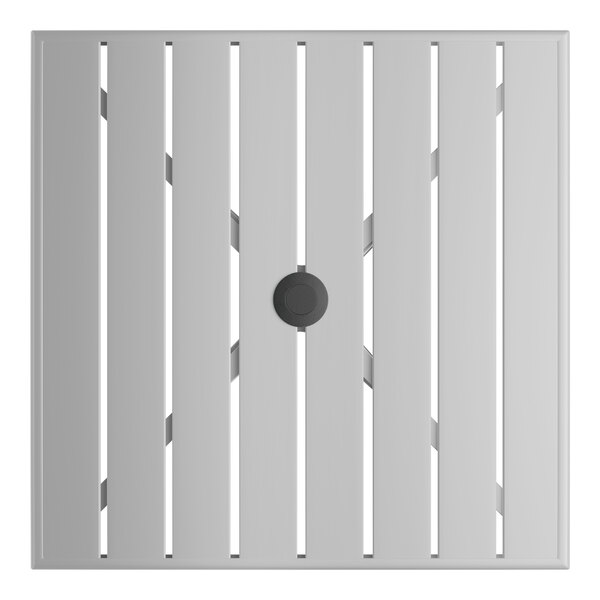 A square silver powder-coated aluminum outdoor bar height table with slatted top and an umbrella hole in the center.