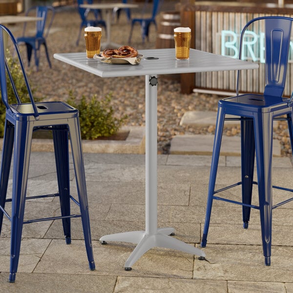 Lancaster Table & Seating 32" x 32" Silver Powder-Coated Aluminum Bar Height Outdoor Table with Umbrella Hole