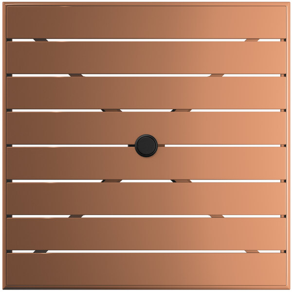 A brown square Lancaster Table & Seating outdoor table with a black umbrella hole.