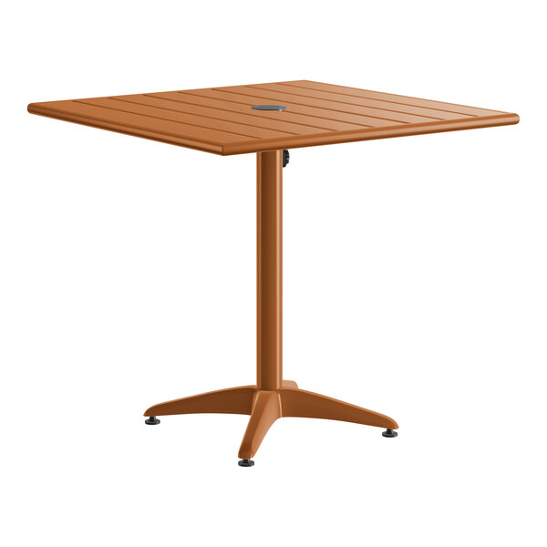 A square brown powder-coated aluminum outdoor dining table with an umbrella hole and a four-legged base.