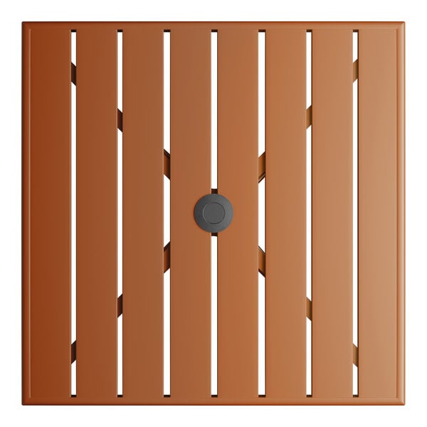 A square brown powder-coated aluminum outdoor dining table with an umbrella hole in the center.