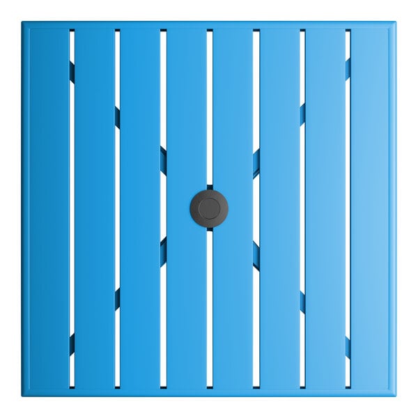 A blue powder-coated aluminum outdoor dining table with a square slatted top and an umbrella hole in the center.