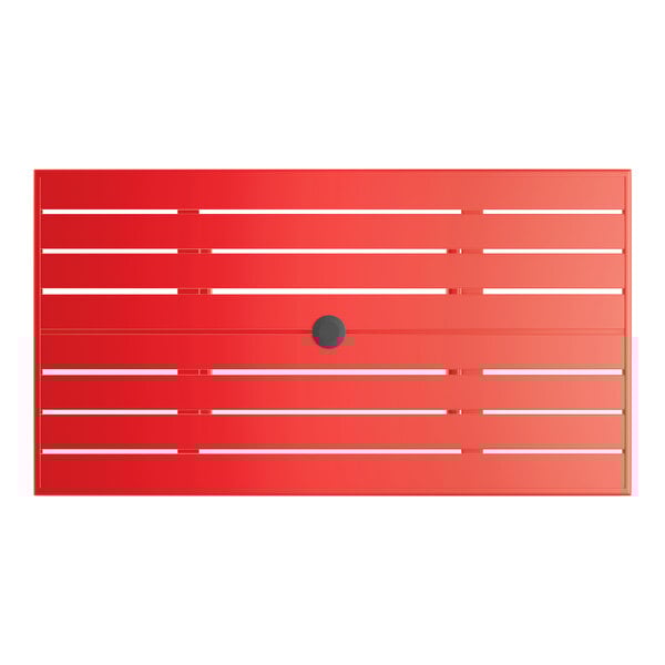A rectangular red powder-coated aluminum outdoor dining table with an umbrella hole in the center.