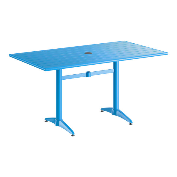 A rectangular blue powder-coated aluminum outdoor dining table with an umbrella hole in the center.