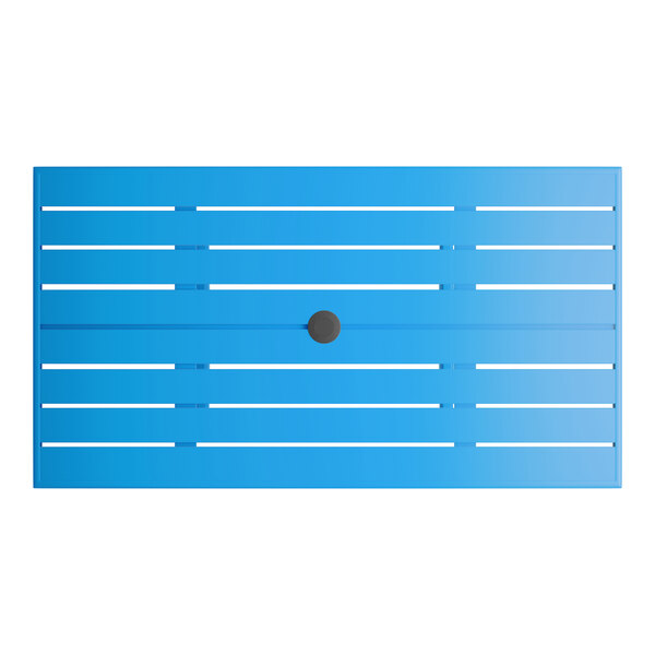 A rectangular blue powder-coated aluminum outdoor dining table with slatted design and an umbrella hole in the center.