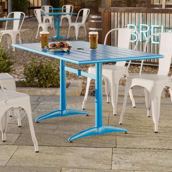 Lancaster Table & Seating 32" x 60" Blue Powder-Coated Aluminum Dining Height Outdoor Table with Umbrella Hole