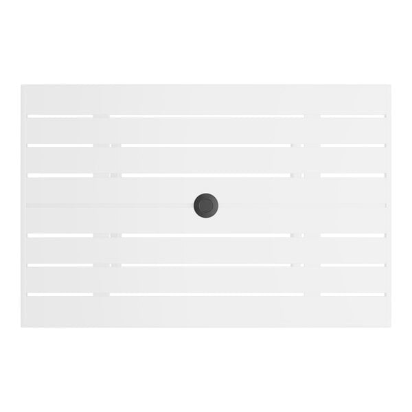 A rectangular white powder-coated aluminum outdoor dining table with an umbrella hole in the center.