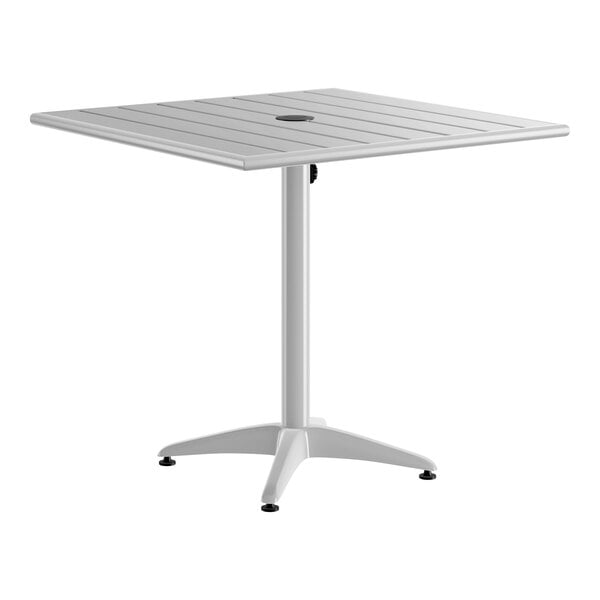 Lancaster Table & Seating 32" x 32" Silver Powder-Coated Aluminum Dining Height Outdoor Table with Umbrella Hole