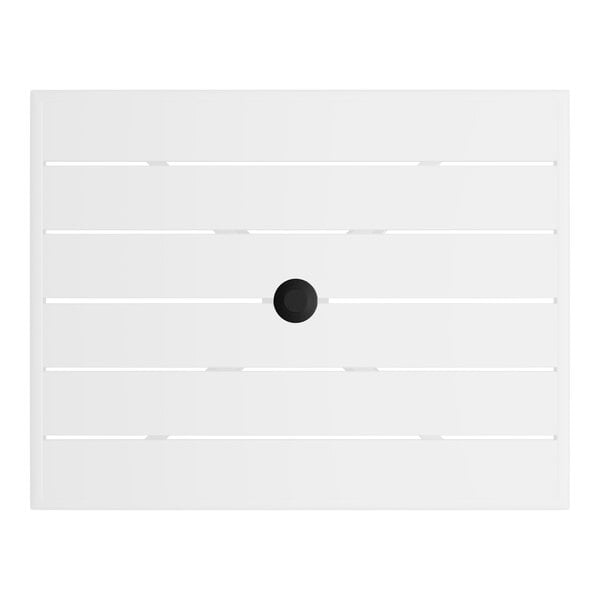 A rectangular white powder-coated aluminum outdoor dining table with horizontal slats and a central umbrella hole.