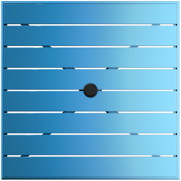 A blue square table with a black circle.