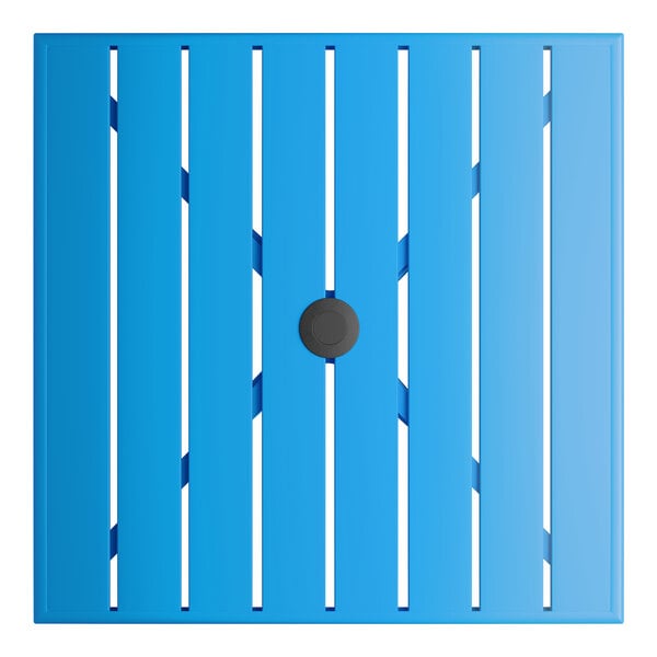 A square blue powder-coated aluminum outdoor bar height table with slatted design and an umbrella hole in the center.