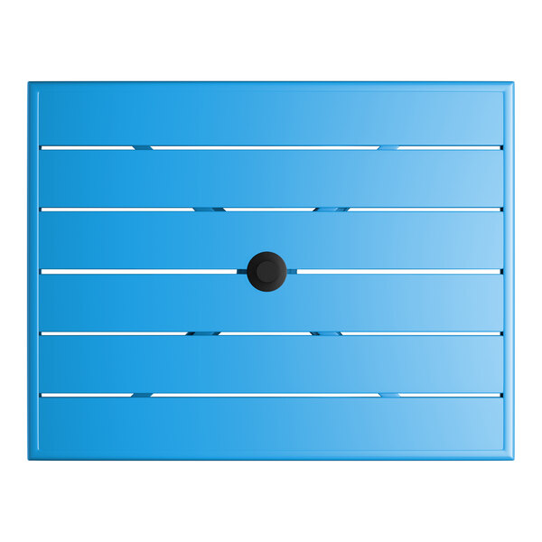 A rectangular blue powder-coated aluminum outdoor dining table with slatted top and an umbrella hole in the center.