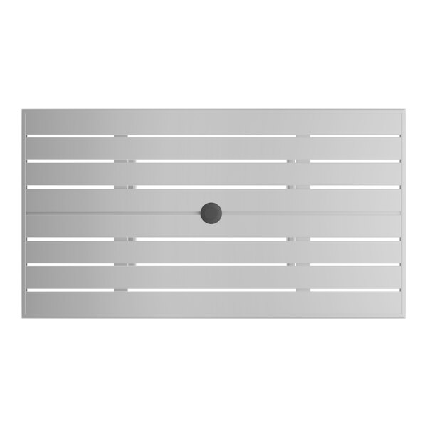 A rectangular silver powder-coated aluminum outdoor dining table with an umbrella hole in the center.