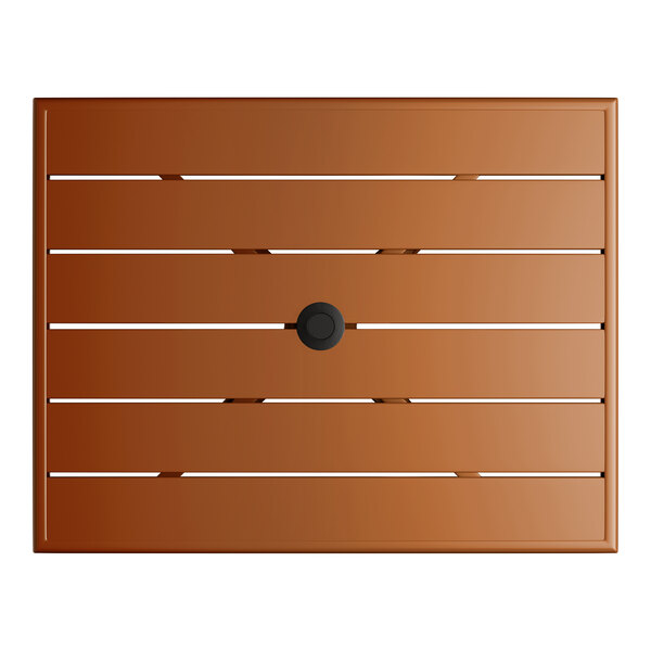 A rectangular brown powder-coated aluminum outdoor dining table with an umbrella hole in the center.