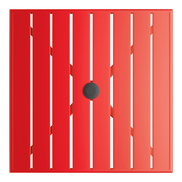 A square red powder-coated aluminum outdoor bar height table with slatted top and an umbrella hole in the center.