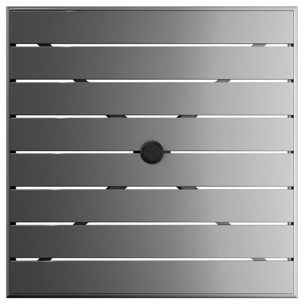 A square grey table with a black circle in the middle.