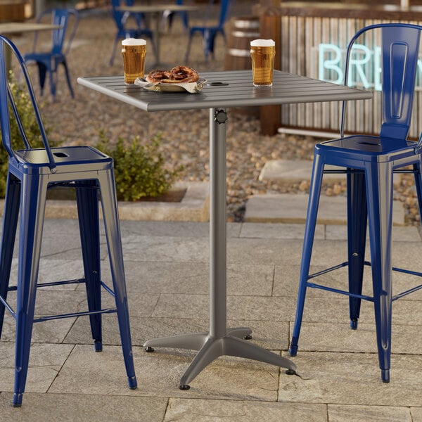 Lancaster Table & Seating 32" x 32" Gray Powder-Coated Aluminum Bar Height Outdoor Table with Umbrella Hole