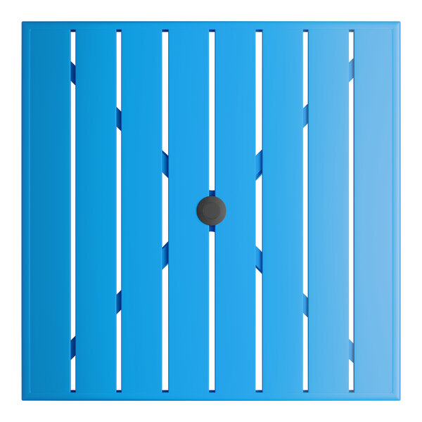 A blue powder-coated aluminum outdoor dining table with a 36-inch square top featuring slatted design and an umbrella hole in the center.